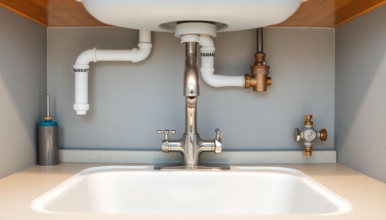 Modern kitchen sink area showing professional Houston plumbing services with clean pipe work, shut-off valves, and under-cabinet connections featuring flat rate pricing installation