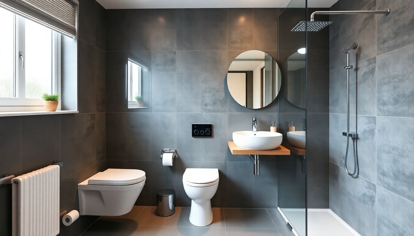 Modern bathroom interior showcasing plumbing fixtures perfect for home plumbing evaluation, featuring wall-mounted toilet, contemporary vessel sink, and rainfall shower during pre-purchase plumbing check