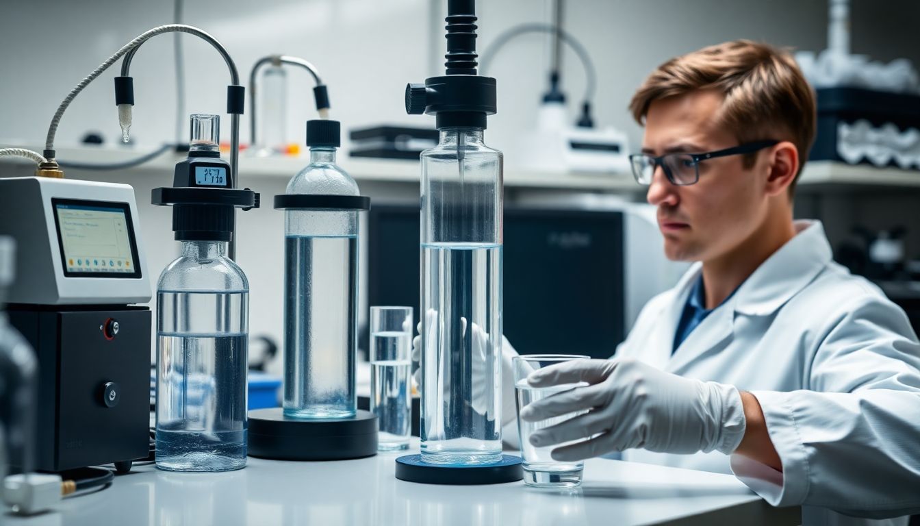 Laboratory water testing setup with glass beakers and test tubes containing water samples for whole home water filter quality analysis, featuring precise measurement equipment and pH strips on clean white surface