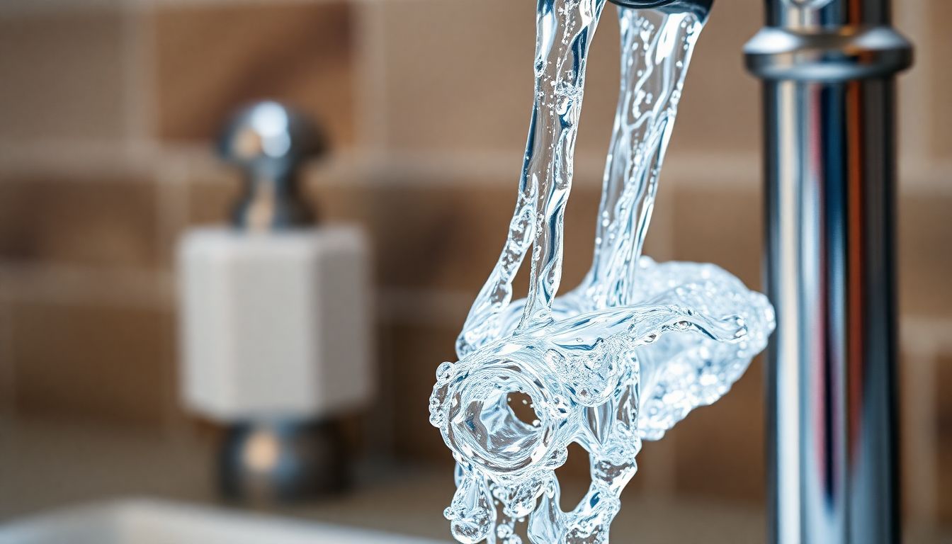 Close-up of crystal clear filtered water flowing from modern chrome faucet into glass, demonstrating whole home water filter system quality and purity