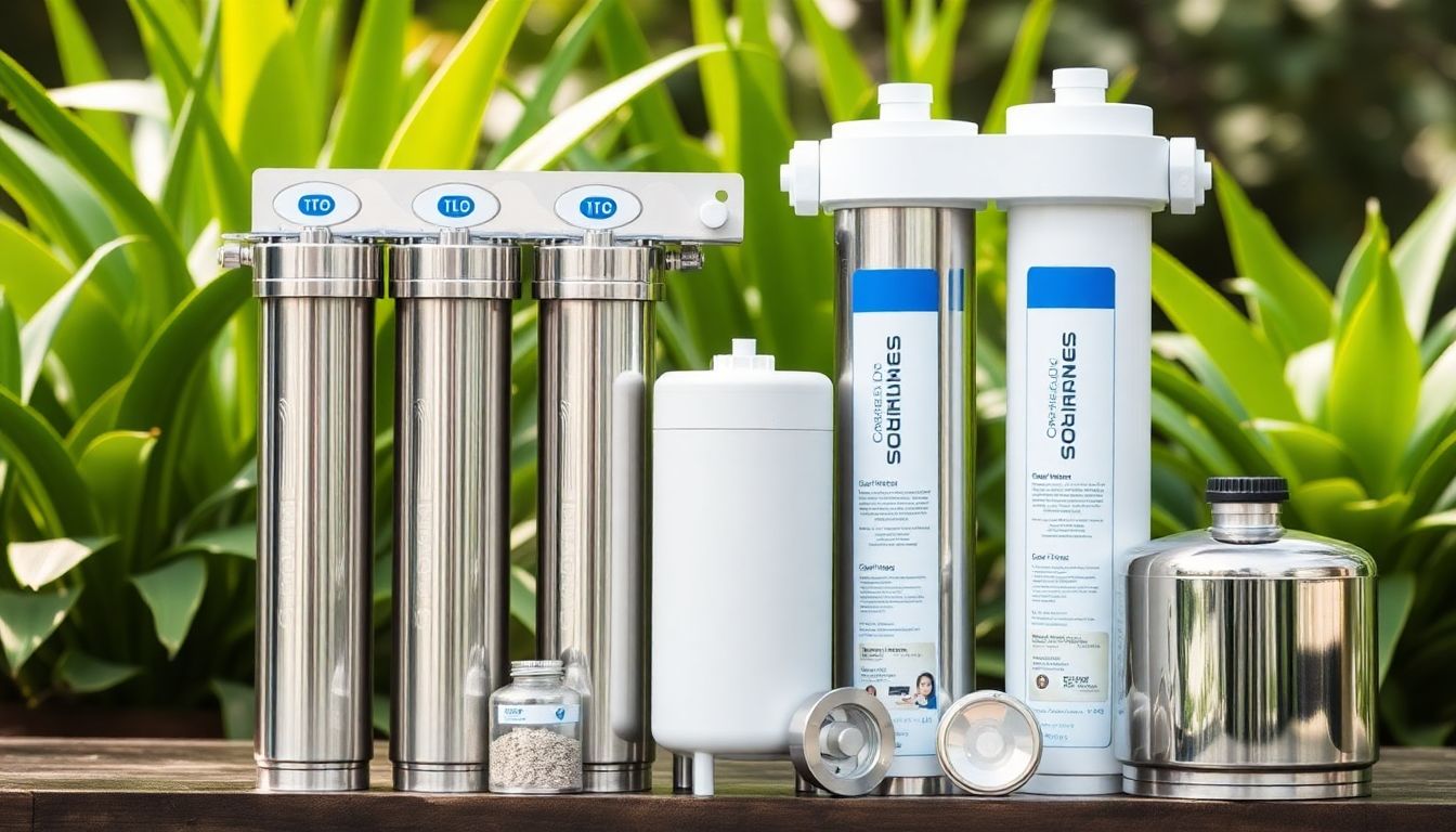 Stainless steel full house water filtration system components including filter cartridges and metallic housings arranged on wooden surface with green plants, showcasing eco-friendly water treatment technology